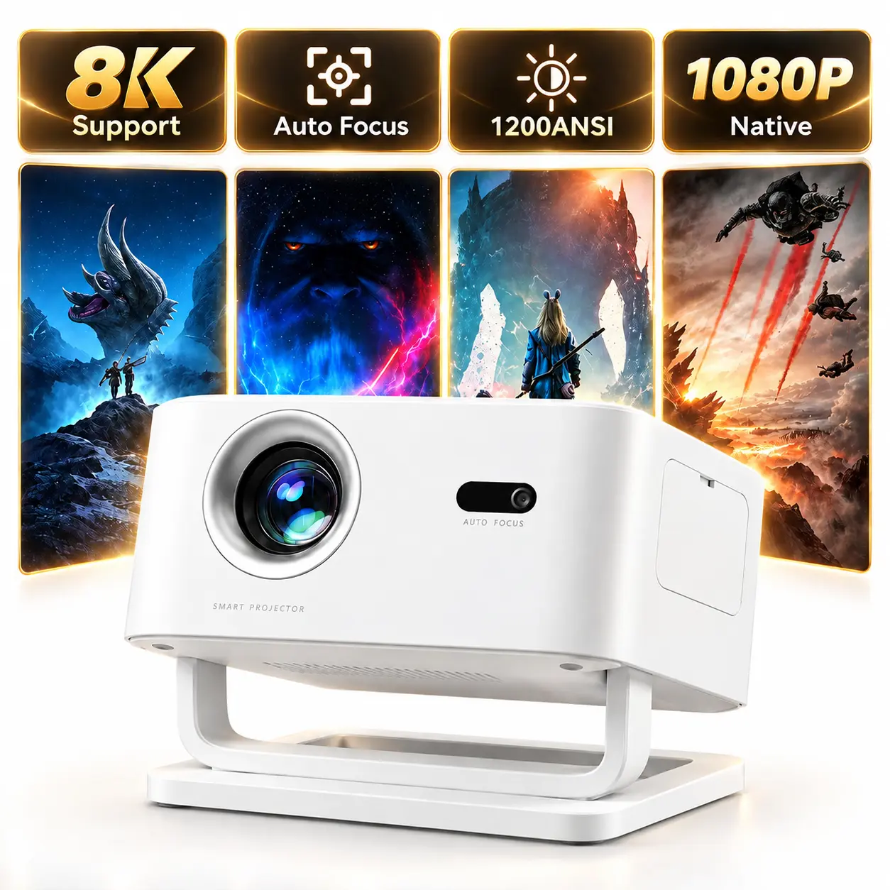 Qawtor Home Cinema WiFi Smart Projector - 1080P Full HDNative, 1200 ANSI Lumens, Android 14 Portable TabletopProjector, WiFi 6, Bluetooth 5.4, Auto Focus, KeystoneCorrection, 4K Supported, Gaming Is Smooth, Home Use