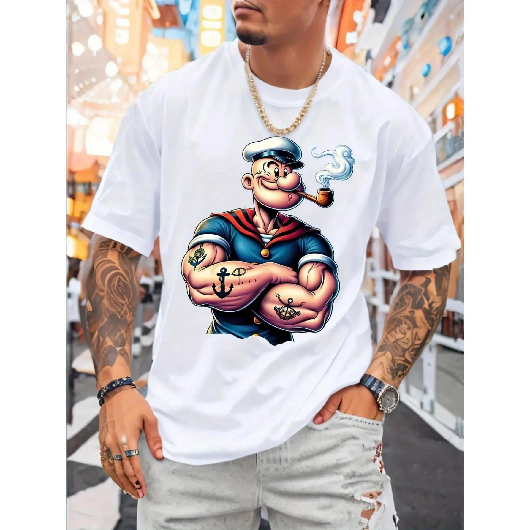 Men's Heavyweight Pirate Graphic T-Shirt - Oversized Loose Fit Round Neck Short Sleeve, Bold Nautical Design with Pirate Ship & Treasure Chest Print, Breathable All-Season Casual & Themed Party Wear, Machine Washable (Ideal for Pirate Costumes ) Clothes M