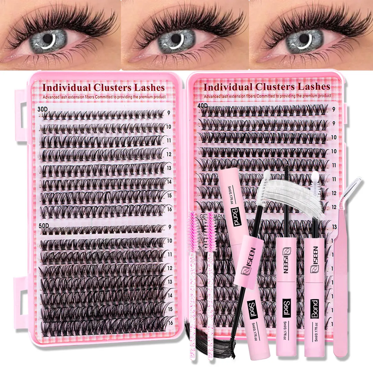 Natural Eyelash Cluster Kit Eyelashes Clusters 30D+40D Individual Lash Extension Set Makeup Eyelashes Extension Cosmetic Lash Extensions DIY Eyelash Extensions 9-16mm D Curl DIY False Eyelashes with Glue & Tweezers & Brushes