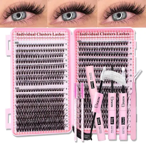 Natural Individual Cluster Lash Extension Set, 30D+40D 9-16mm D Curl, DIY with Glue, Tweezers & Brushes, Lash Clusters Individual