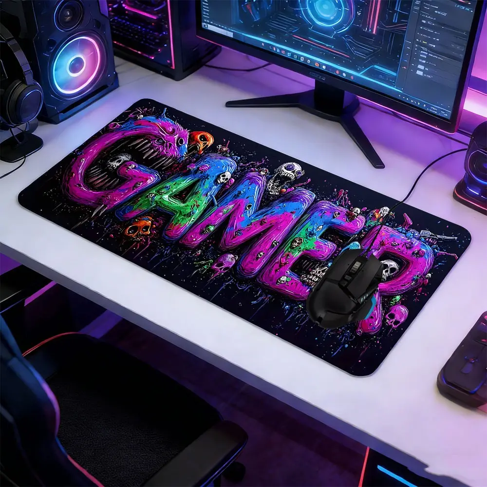 Colorful Gamer Graffiti Large Gaming Mouse Pad, Gaming Mousepad, Extended Non-Slip Rubber Base Desk Mat, Neon Skull Accent Cyberpunk Design Computer Accessory, Durable Office Desk Pad for Home Office & Gaming Setup, Gift for Gamers & Aesthetic Enthusiasts