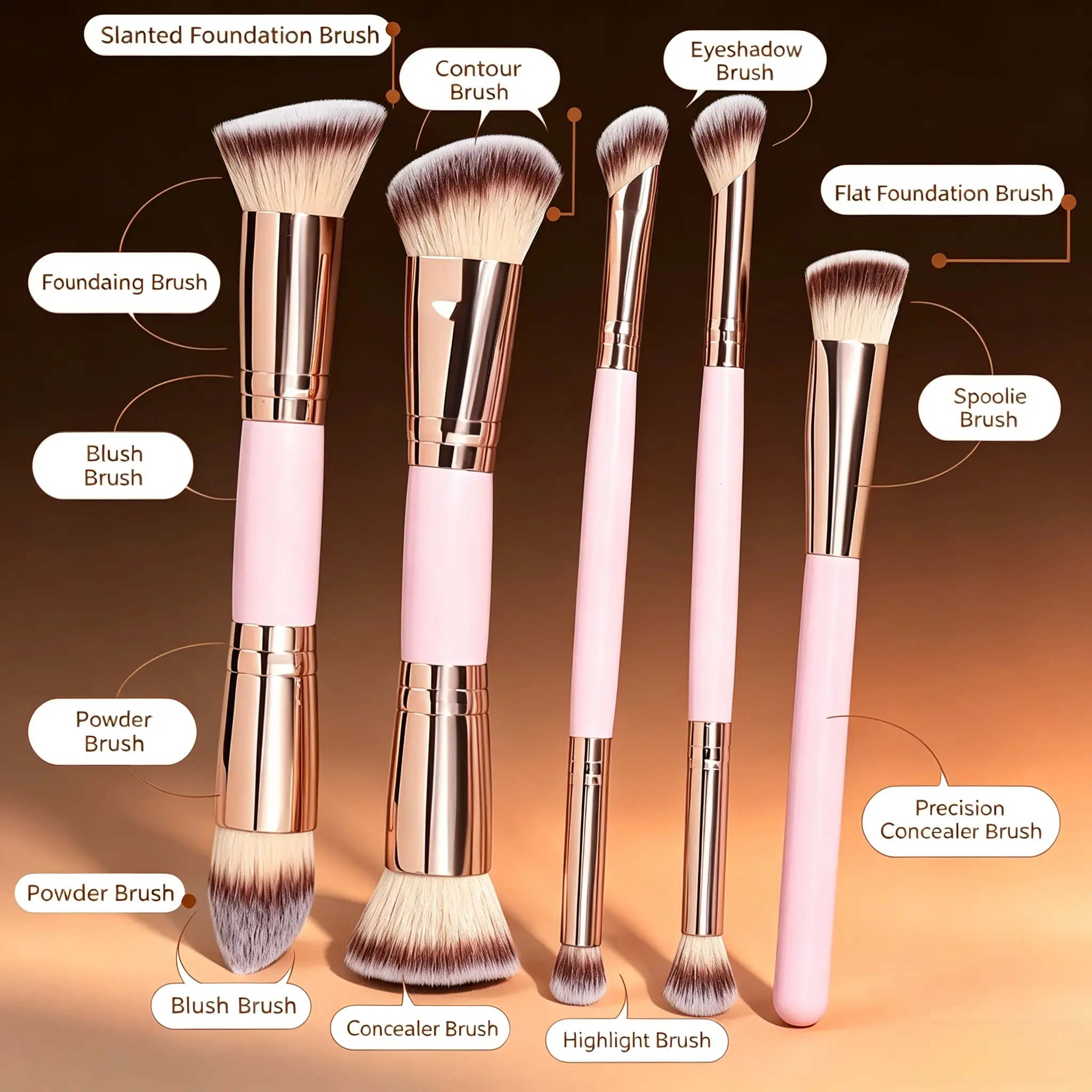 Double-Ended Makeup Brush Set, Makeup Brush Set, Beauty Brush Set, Cosmetic Brush Set, Brush Combo with Aluminum Handle, Includes Foundation, Powder, Blush, Eyeshadow, Concealer, and Highlighter Brushes