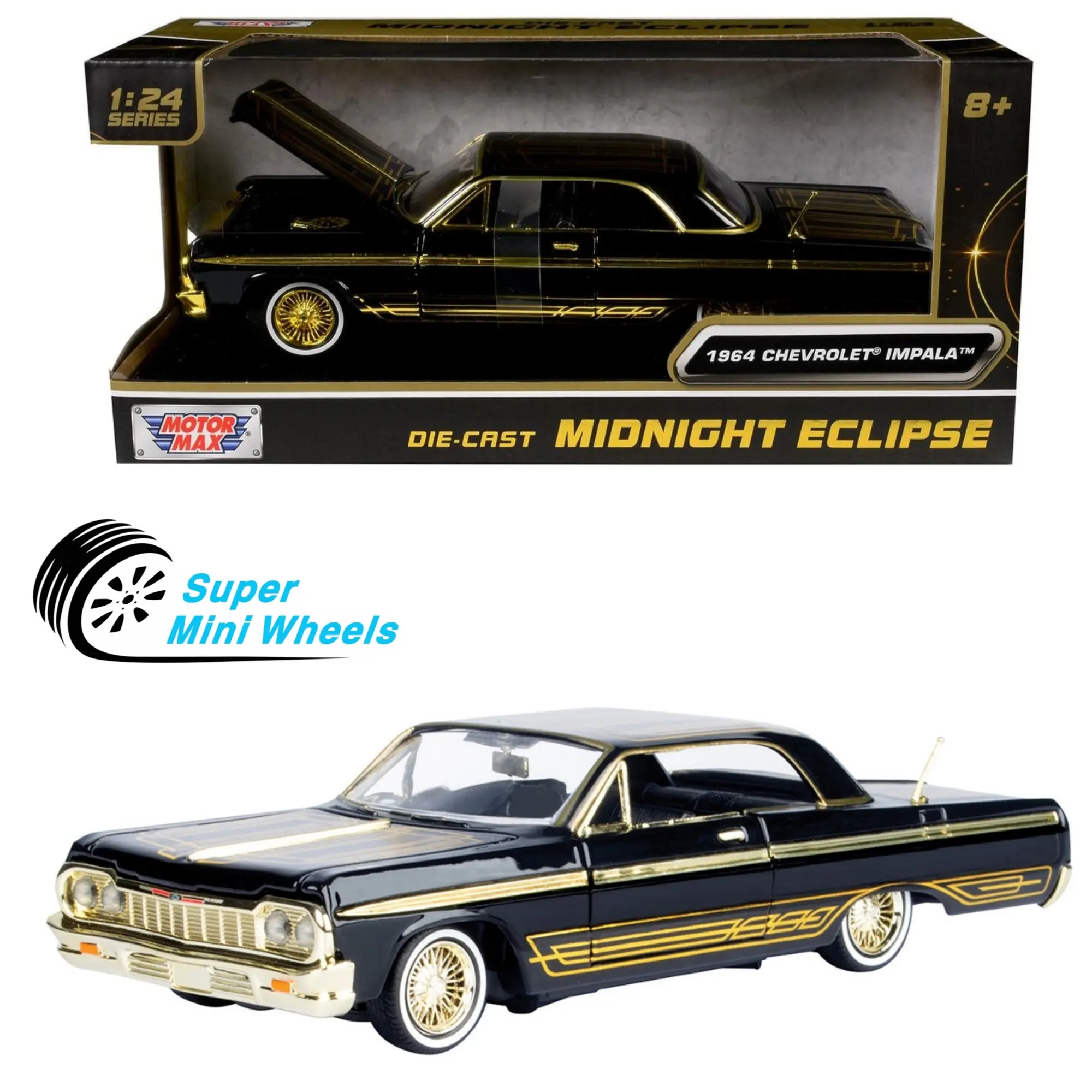 Motormax 1:24 Midnight Eclipse 1964 Chevrolet Impala Lowrider Black with Gold