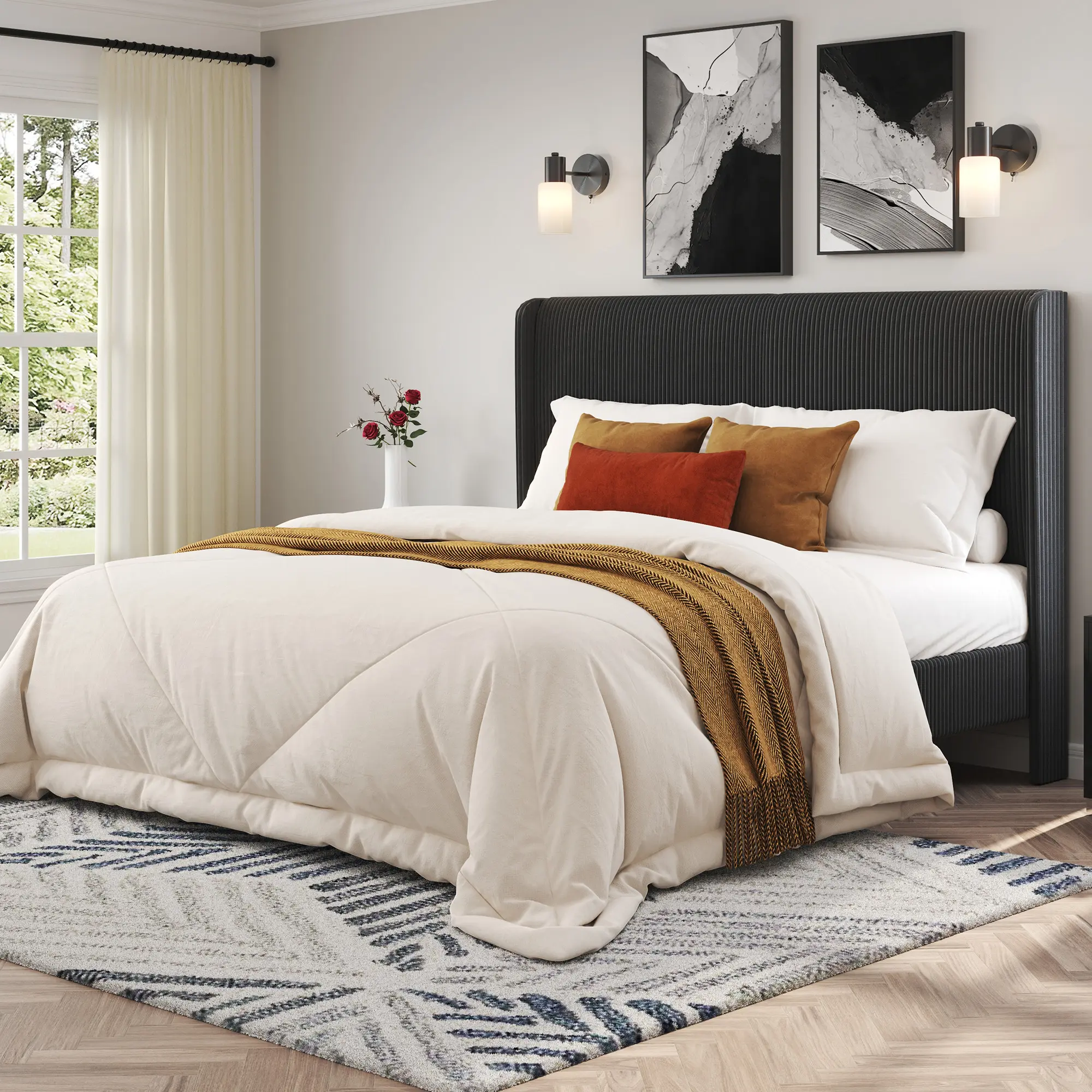[ONLY INCLUDED BED] [Summerwins] [SummerFinds] AMERLIFE Upholstered Bed Frame, Easy Assembly Full Size Bed Frame, Modern Bed Platform with Corduroy Headboard, Wooden Slats Support, No Box Spring