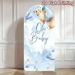 Oh Baby Arch Elastic Background, Soft Tone Balloons Clouds Gold Stars Design, Baby Baptism Photography Backdrop, Universal Setting