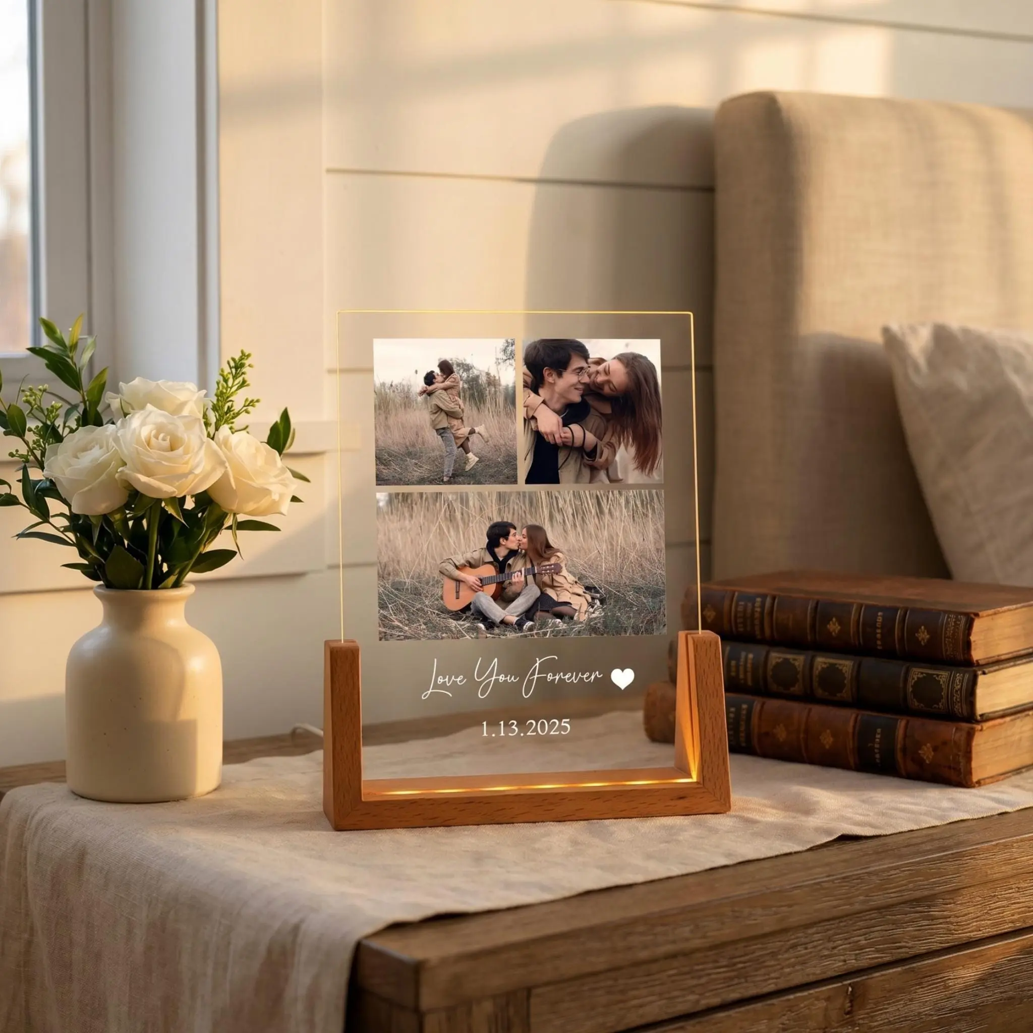 Personalized Acrylic Photo Frame with Wooden Base, Custom Picture Keepsake, Anniversary Gift for Couples, Wedding Photo Display, Romantic Gift for Him Her, Home Decor