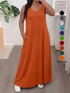 Elegant Plus Size Women's Sleeveless Round Neck Plain Solid Basic Vest Dress, Casual Home Wear, Comfortable Fit, Multiple Colors Available