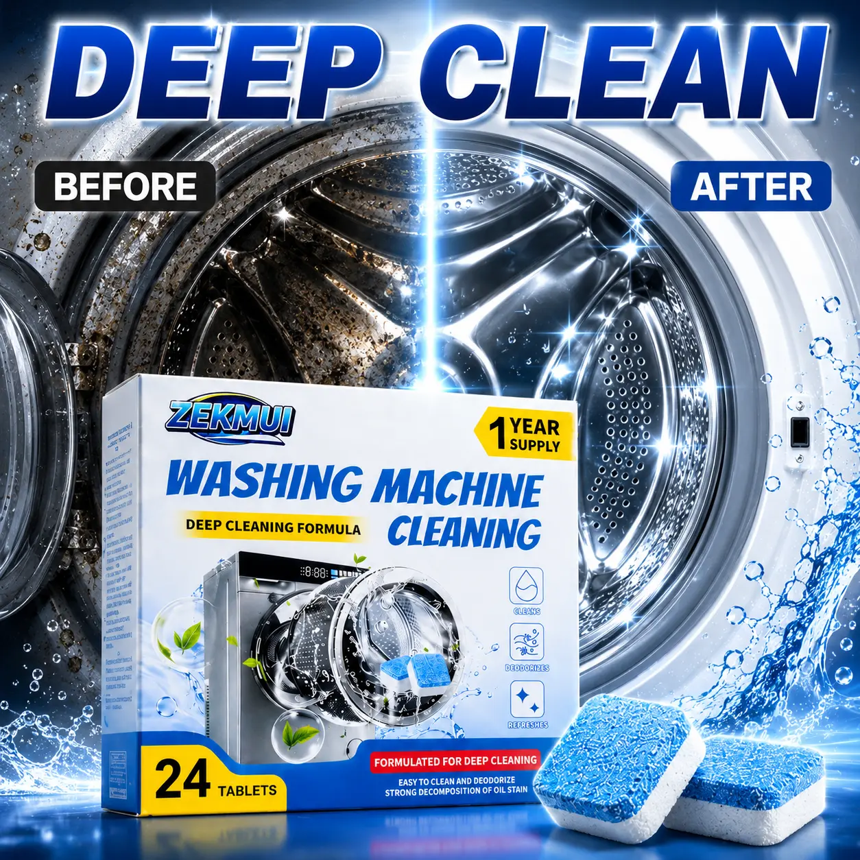 Washing Machine Care Tablets, 24 Count Washer Maintenance Tablets, Up to 12 Months Supply, Drum Care Tablets for Front Load, Top Load and HE Washers Cleaning Laundry