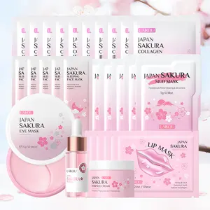 LAIKOU 28pcs/Set Sakura Skincare Set Essence 0.57oz + Moisturizer 0.88oz + Sleeping mask 0.53oz (3gx5) + Mud mask 0.88oz (5gx5) + Lip mask 1.06oz (6gx5) + Eye mask 2.47oz + Jelly mask 10.59oz (30gx10)