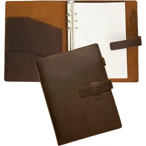 Refillable A5 6-Ring Genuine Leather Binder Notebook, Reusable Vintage Leather Journal Planner with 120 Lined Pages & Pocket, for Writing Business Work Study College Daily Use, 6.9'' x 9''