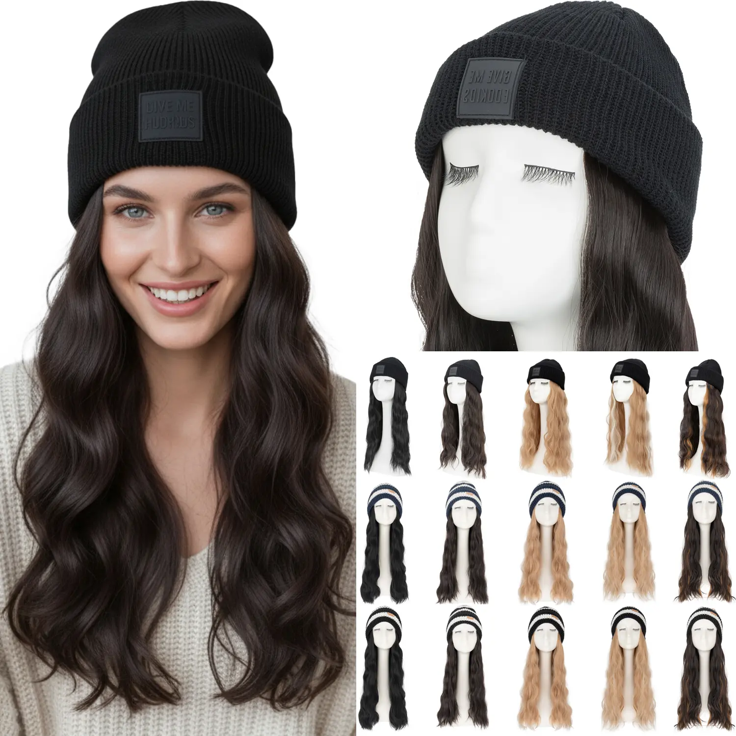 Beanie Wig Hat Hair Extensions 18" Hair With Knitted Cap Wave Curly Hair Synthetic Wig with Knitted Autumn & Winter Hat Easy Wear Cap with Hair for Women