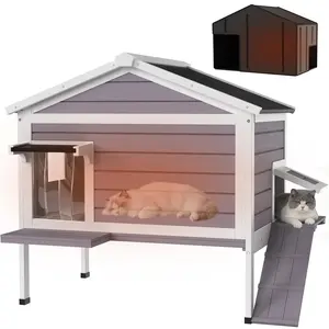 Cat House with Insulated Liner, Insulated Feral Cats Shelter Keep Warm in Winter Outsides, Easy to Install Weatherproof Outdoor Indoor Kitty House for Winter(Grey，20.08"D x 32.56"W x 35.79"H）