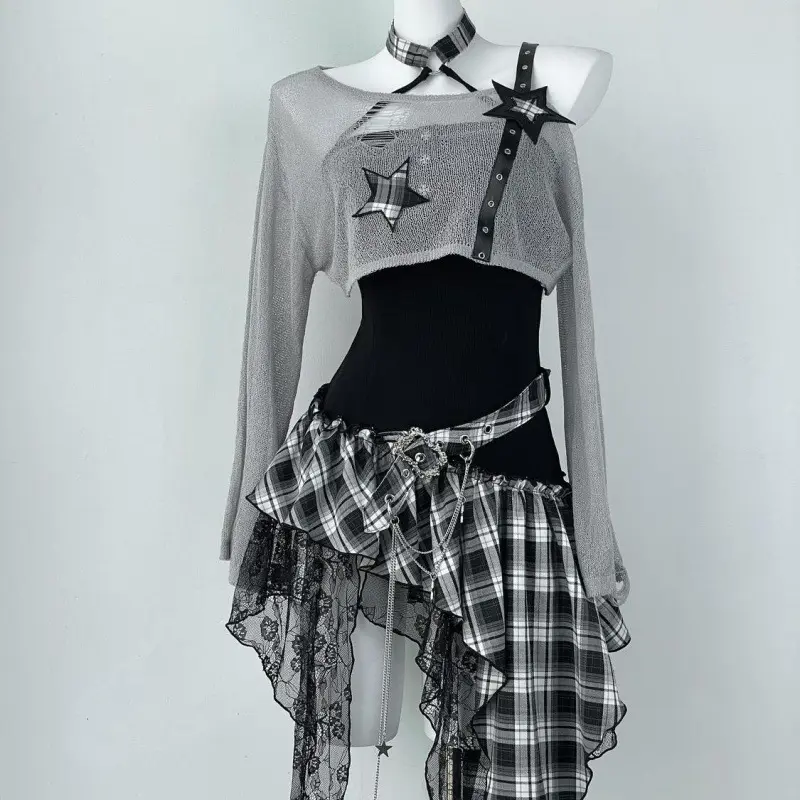 Light gray hollowed out cover shirt+blac