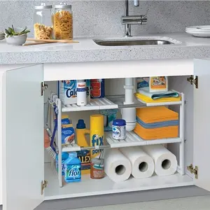 2 Layer Double Tiers Multi-Purpose Kitchen Storage Rack, Bathroom Sink Organizer, Expandable Cabinet Shelf with Detachable Panels, Home Organization
