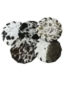 5-Piece Round Natural Hide Coaster Set, 4.5" Diameter, Tableware Surface Protection, Rustic Kitchen Decor