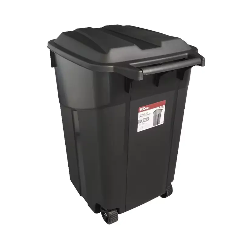45 Gallon Wheeled Heavy Duty Plastic Garbage Can with Attached Lid for Outdoor Indoor Use, Black, Leak-Resistant UV-Stabilized