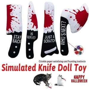 4PCS Funny Halloween Horror Plush Cat Toys  Horror Knife-Shaped Kitten Sound Toys For Indoor Exercise All Cat and Dog  Chew Toy Simulation Knife Plush Toys  Teeth Cleaning Washable Interactive Pet Supplies Halloween Party Pet Accessories