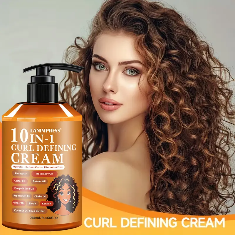 LANIMPRESS 10 In 1 Curl Defining Cream, Leave-In Anti Frizz Curl Cream, Hydrating Curl Enhancer Styling Cream for Wavy Curly Coarse Hair, Natural Hair Care for African American Hair 280ml