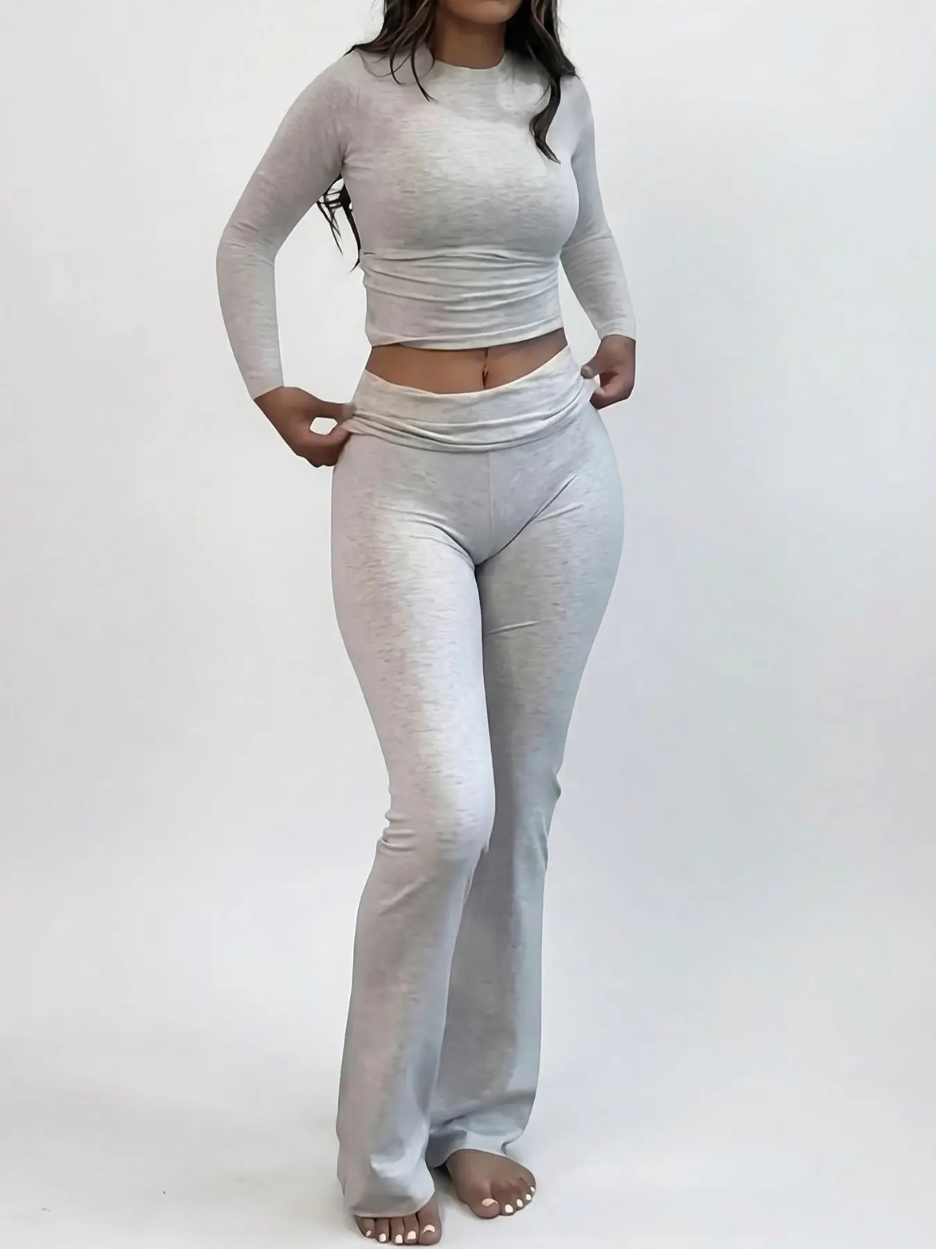 Women's Solid Long Sleeve Crop Tee & Flare Leg Skinny Pants Loungewear Set, Casual Round Neck Top & Bell Bottom Leggings, Sleepwear Set for Women Pajama Set