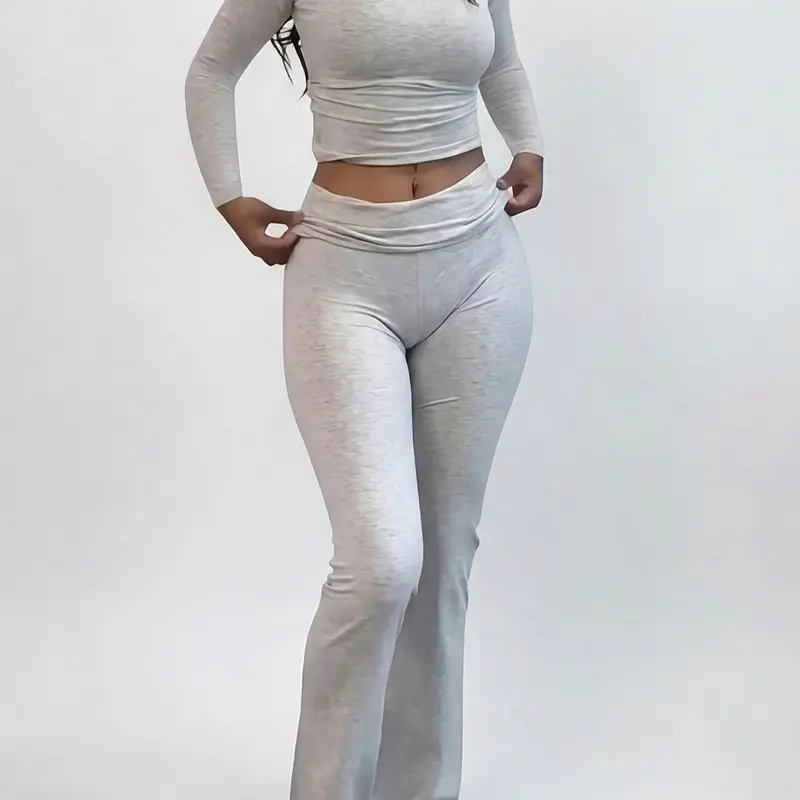 Two-Piece Set Women's Solid Long Sleeve Crop Top & Drop Waist Flare Leg Pants Set, Summer Outfits 2024, Casual Fashion Cozy Top & Bell Bottom Trousers for Daily Outdoor Wear, Ladies Two-Piece Outfits for All Seasons, Casual Everyday Set