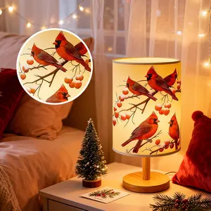 Winter Red Cardinal Table Lamp Perched on Snow-Covered Branch Design - Wooden Base Serves as both a creative decorative lamp for bedrooms and living rooms, and an atmospheric ornament for Christmas, New Year, and Valentine's Day celebrations.