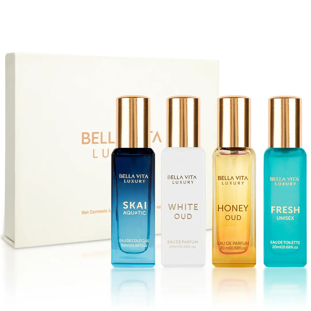 BellaVita Luxury's Unisex Perfume Gift Set | 4x20 ML for Men & Women | Long Lasting Fragrance Eau De Parfum | SKAI | FRESH | WHITEOUD | HONEY OUD portableperfumekit