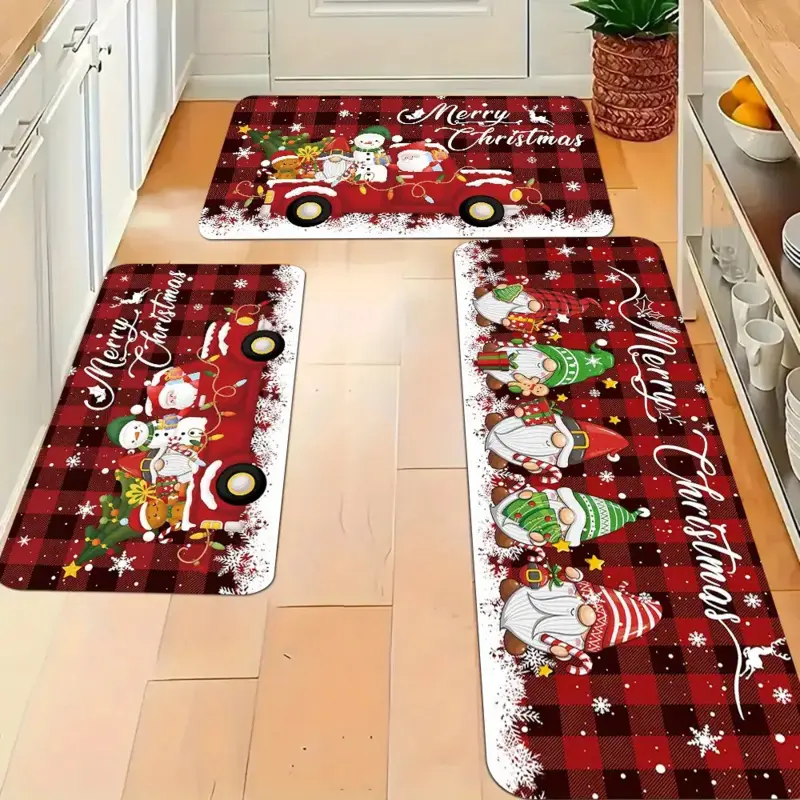 Festive Rectangular Christmas Doormat - Non-Slip Flannel Bath Rug, Machine-Washable, Farmhouse Boho Graphic, Fluffy Home Essential for Indoor-Outdoor Use