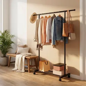 Metal Clothing Garment Rack,31.5 to 55.12 Inches Extensible Rod,  Rolling wheel Portable Drying HangingGarment Rack Suitable for Living Room, Bedroom,Balcony, Laundry