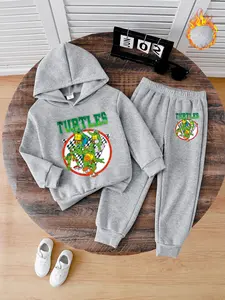 Boys' Fleece Lined Hoodie & Sweatpants Set, Cartoon Print Casual Sportswear, Fall Winter Warm Fashion for School Home Outdoor Activities