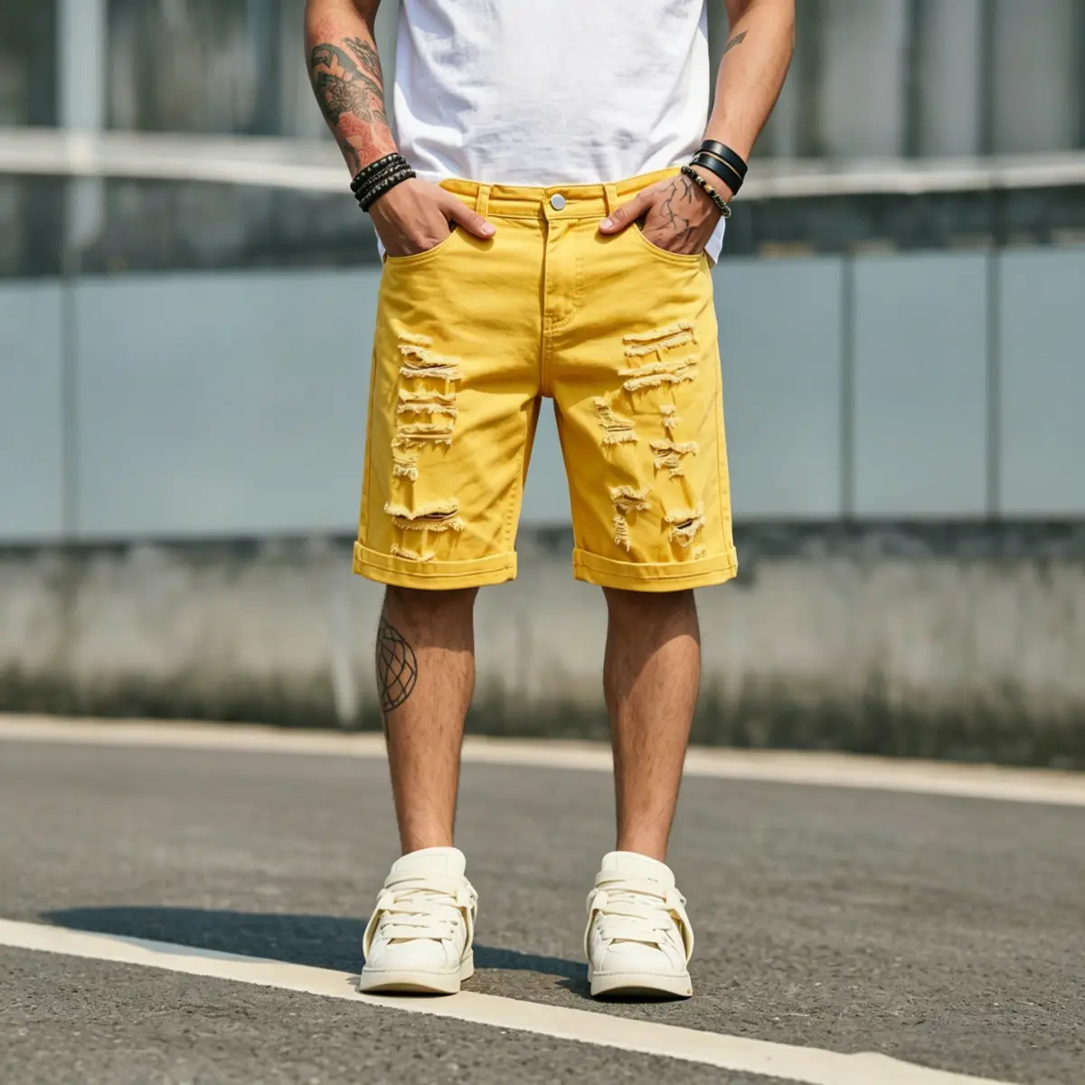 Trendy Yellow Denim Shorts — Street Style, Ripped & Distressed, Knee-Length