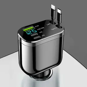 5 in 1 Usb Car Charger with 2 Auto Retractable Cable, Multifunctional Type c Charger, Retractable Automotive Charger, Adjustable Angle Car Charger Head for iPhone & Android, Type C Charging