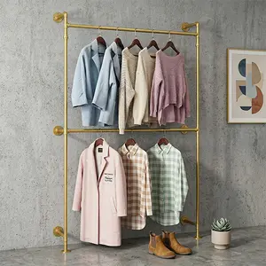 Industrial Pipe Clothes Rack, Wall Mounted Garment Rack, Heavy Duty Black Iron Hanging Rod for Closet Storage, Laundry Room, Bedroom, Retail Display, Gold