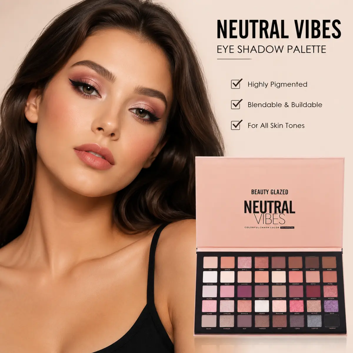 Beauty Glazed 40-Color Neutral Vibes All-in-1 Eyeshadow Powder Palette - Matte, Shimmer, Glitter, Highlighter, Contour, Bronzer, Highly Pigmented, Smooth, Waterproof, Long-Lasting, Blendable for Beginners, Flawless Daily Smoky Eye Makeup