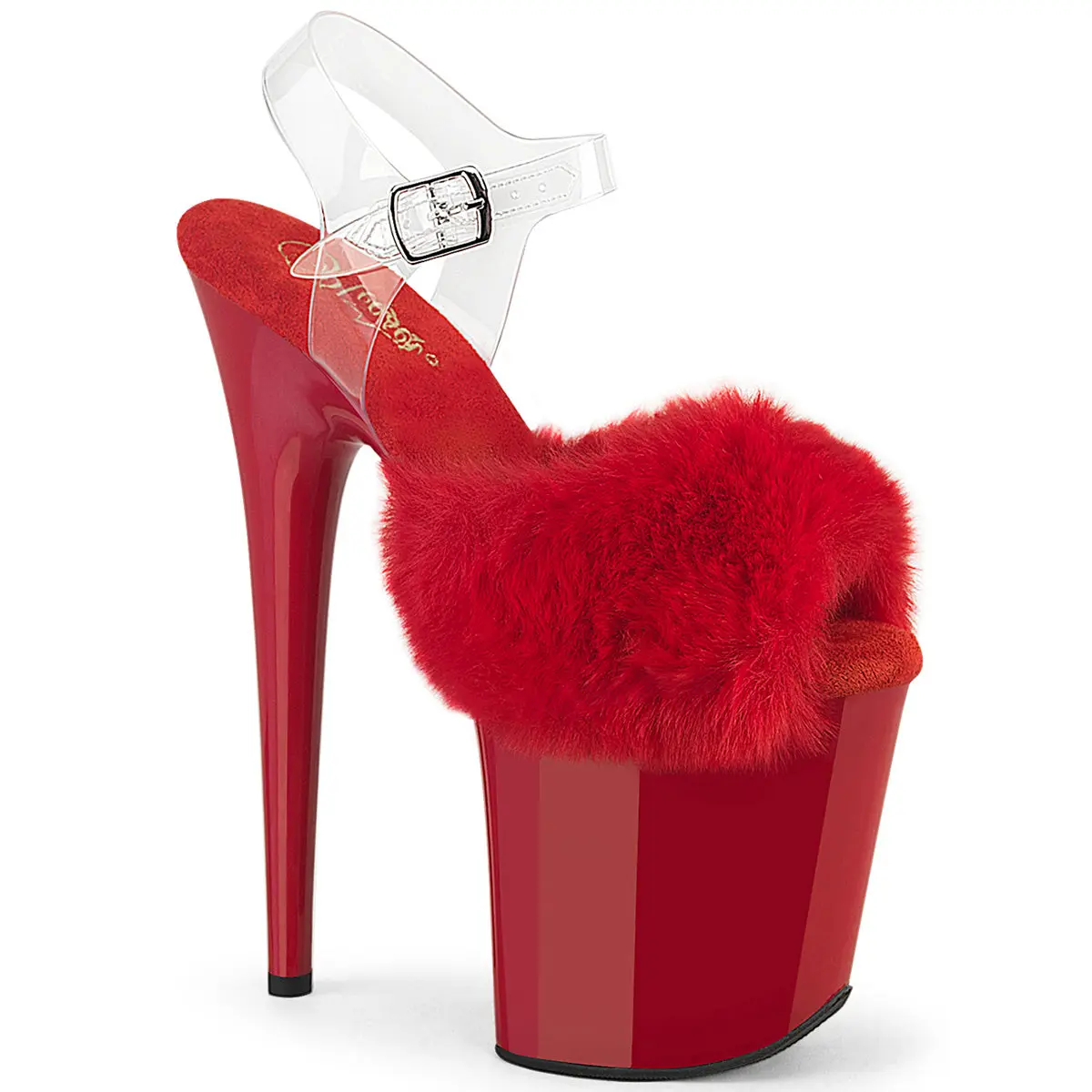 Women's Platform Sandals, Glamorous Red Faux Fur Peep Toe High Heels with 8-Inch Heel and Transparent Ankle Strap, Elegant, Glamorous Heels