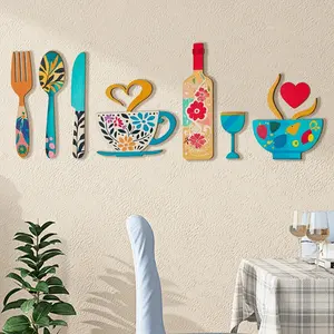 8-Piece Creative Wooden Wall Decor Set, Farmhouse Wall Art, Entryway Wall Decor, Includes Forks Coffee Cups Wine Glasses Design, Kitchen Cafe Restaurant Bar Decoration