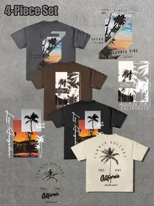 American Street Style Four-Piece Set, Men's Coconut Sunset Print Loose Fit Short Sleeve T-Shirt, Summer Beach, Essential Summer Wear