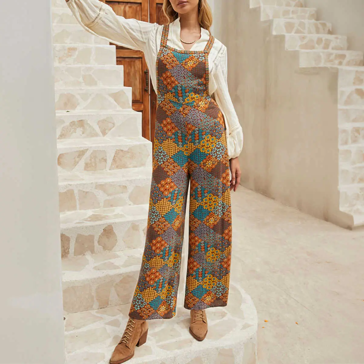 Multicolour Boho Floral Print Crossed Straps Ankle-length Jumpsuit