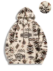 Men's Ethnic Style Fleece Hoodie, Loose-Fit Woven Fabric, Thick Warm Pullover for Fall & Winter, Casual Inner Layer Top