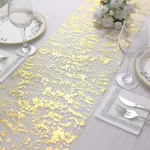 Mesh Polyester Table Runner Roll 108" Metallic Gold Distressed Foil Printing - Chic Disposable Party Table Decor