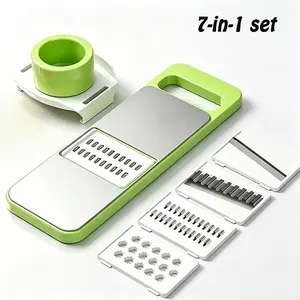 7-in-1 set, brand new stainless steel multifunctional slicer. Suitable for indoor and outdoor use, with multiple interchangeable blades specifically designed for cutting fruits and vegetables, including potatoes, cucumbers, ginger slices, and carrots.