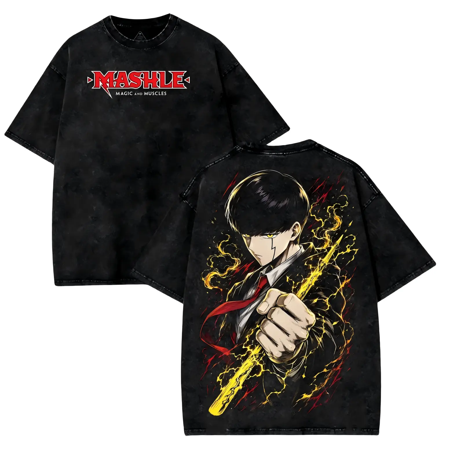 Mashle-themed T-shirt "Magic & Muscle"washed-style anime tee (featuring Mash and his wand), a streetwear-inspired fan gift; design features: a bold "MASHLE" logo on the front and a large portrait of Mash Burnedead wielding his lightning wand on the back.