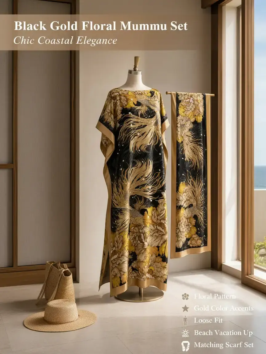 MuuMuu Muse Women's Black and Gold Floral 2-Piece Set - Loose-Fit Robe, Matching Scarf, Flowing Shape Cover-Up for Beach, Cruises, 2 Piece Sets, Moo Moo Dress