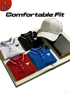 Men's Polo Shirt Set, Casual Fashion Home Wear, Solid Color Short Sleeve Horse Print, Contrast Collar, Breathable Daily/golf Shirts