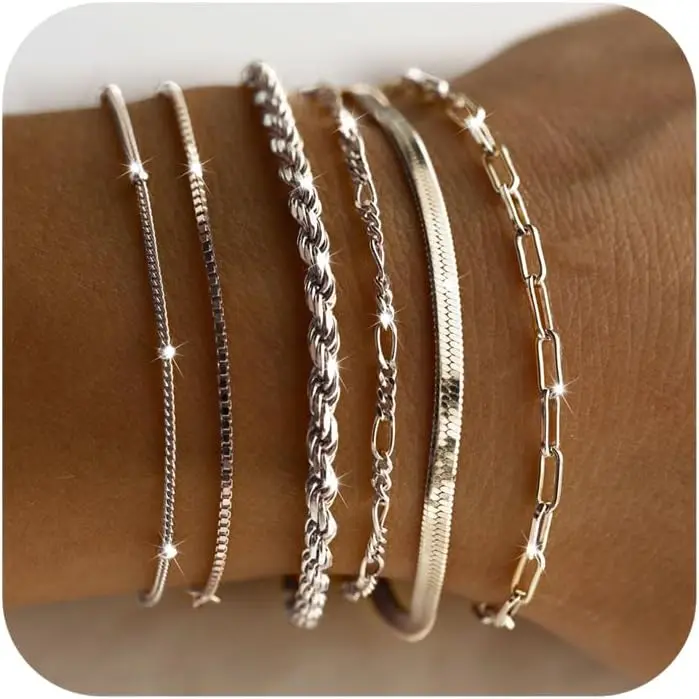 FREEKISS Dainty Bracelets For Women Trendy Jewelry Set For Women Paperclip Box Herringbone Figaro Rope Chain Bracelet Fashion Pack Gifts For Summer dealsforyoudays homeessentials