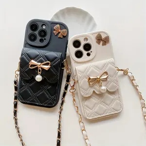 Diamond Grid Bow Card Holder Phone Case for iPhone 17/17 Pro/16 15 Pro Max/14 Plus with Lanyard, Crossbody 12 Pro/13 Pro Max Full Coverage, 12 Mini/13 Mini Soft Shell 11 Protective Wallet