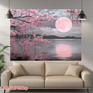 1pc Polyester 2D Flat-Printed Cherry Blossoms and Moonlight Backdrop, Home Supplies Wall Decor, Aesthetic Room Decor, Ideal for Retro Modern Portrait Photography