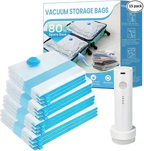 [2025 Upgraded]  Cordless Travel Vacuum Bag Set – 15-Pack Compression Bags for Carry-On Suitcases – 140L/Min Powerful Air Removal – USB Rechargeable Handheld Pump with Built-In Battery – Space Saver for Clothes & Packing