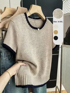 Elegant Colorblock Round Neck Knit Sweater Short Sleeve T-Shirt for Women, New Summer Vest Top, Breathable Casual Design, Knitwear Womenswear