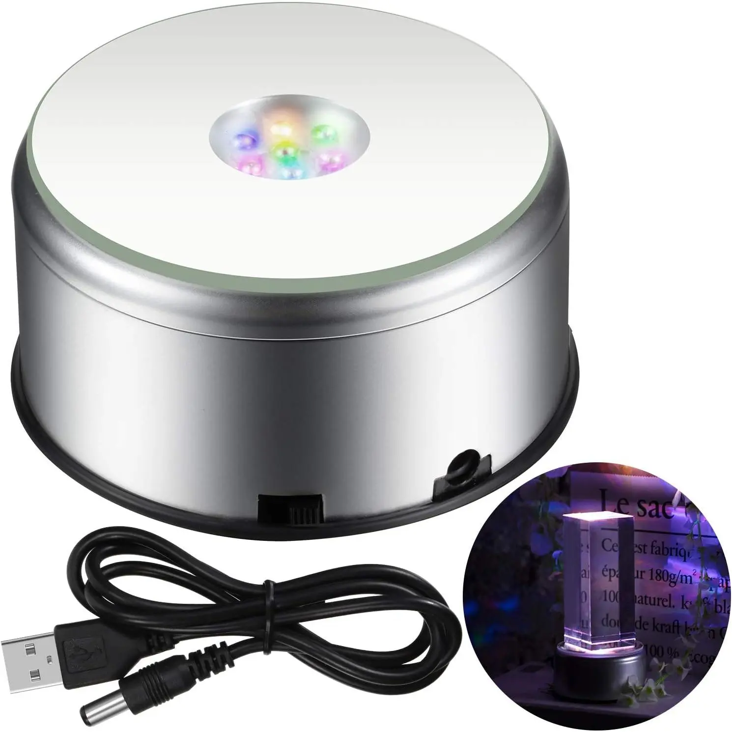 7 LED Rotating Display Stand Light Colorful Crystal Base Cup Turner Platform 360 Degree Display Spinner with USB Cable for Tumbler Cup Crystal Glass Jewelry Art Craft Gift(1 Piece), Colorful Led Lights, Dynamic Led Lights