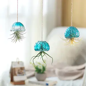 Hanging Air Plant Holder: 3Pcs Glass Jellyfish Air Plant Hanger with Jute Ropes for Tillandsia Succulent Houseplants - Cute Airplant Display Container for Indoor Home Decor